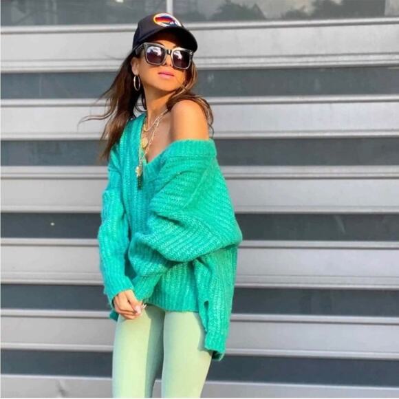 Free People Blue Bell Electric Teal Green Oversized Fuzzy Knit Sweater - Picture 3 of 11